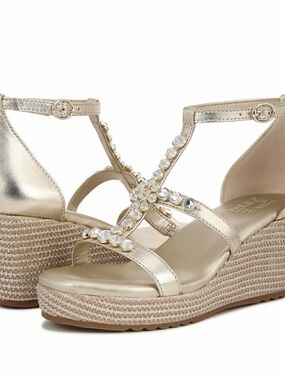 Naturalizer Champagne gold Bejeweled metallic Serena Wedge espadrille sandal